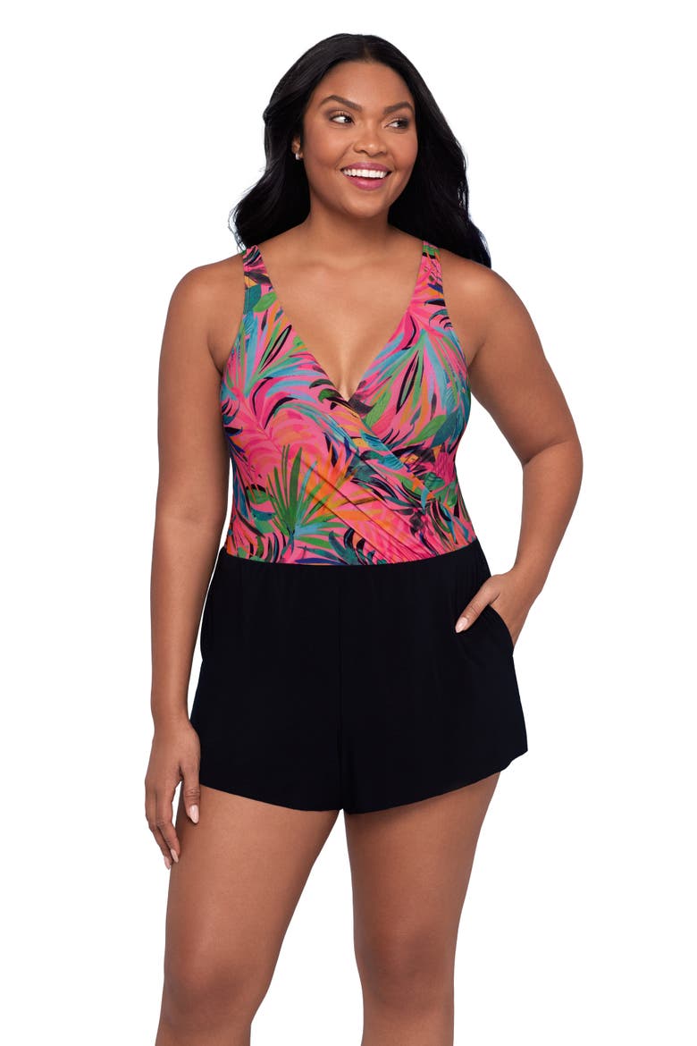 Kim Surplice Control Swim Romper with Pockets, Alternate, color, Amazonian Palms