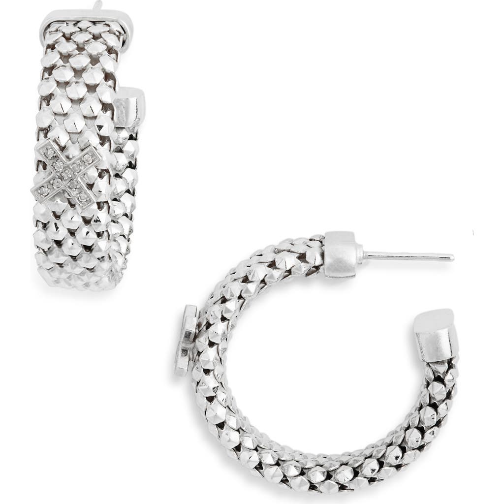 Meshmerise Diamond Cross Hoop Earrings In White Gold