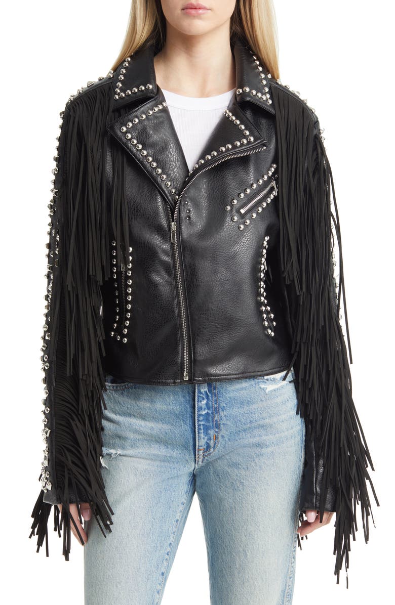 AZALEA WANG Western Fringe & Rivet Detail Faux Leather Jacket, Alternate, color, 