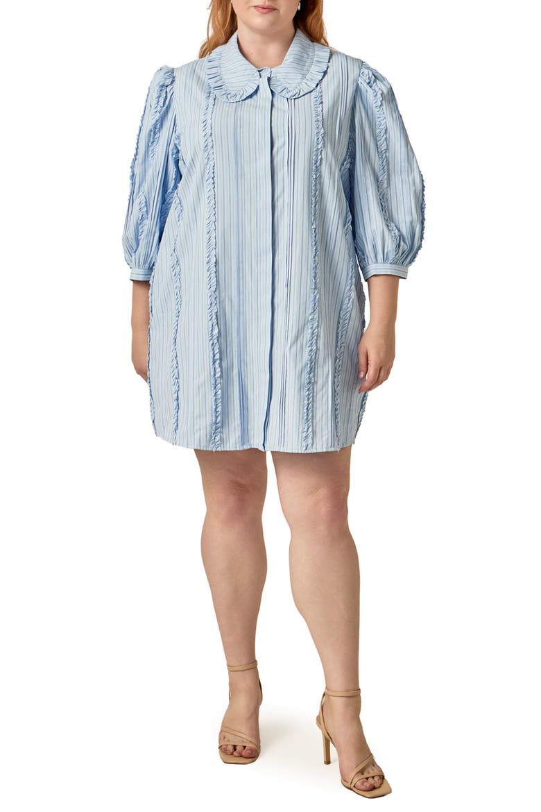 Pintuck and Ruffle Striped Shirtdress, Main, color, BLUE