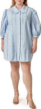 English Factory Pintuck and Ruffle Striped Shirtdress