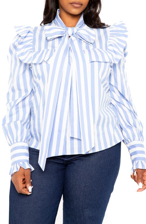 Stripe Ruffle Bow Neck Shirt (Plus)
