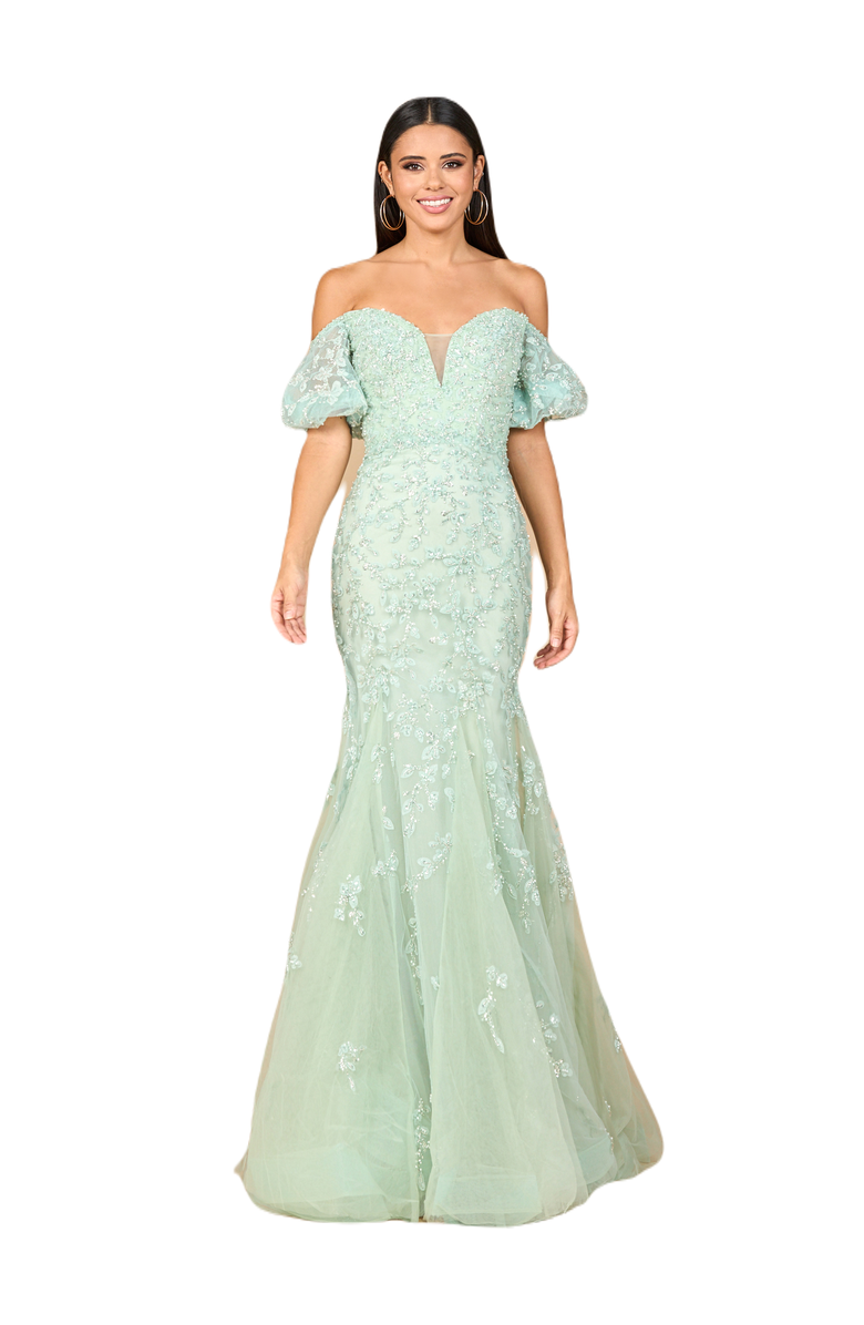 LARA New York Lace, Off Shoulder Mermaid Gown, Main, color, Sage