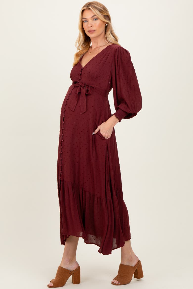 Swiss Dot Button Down Maxi Dress, Alternate, color, Burgundy
