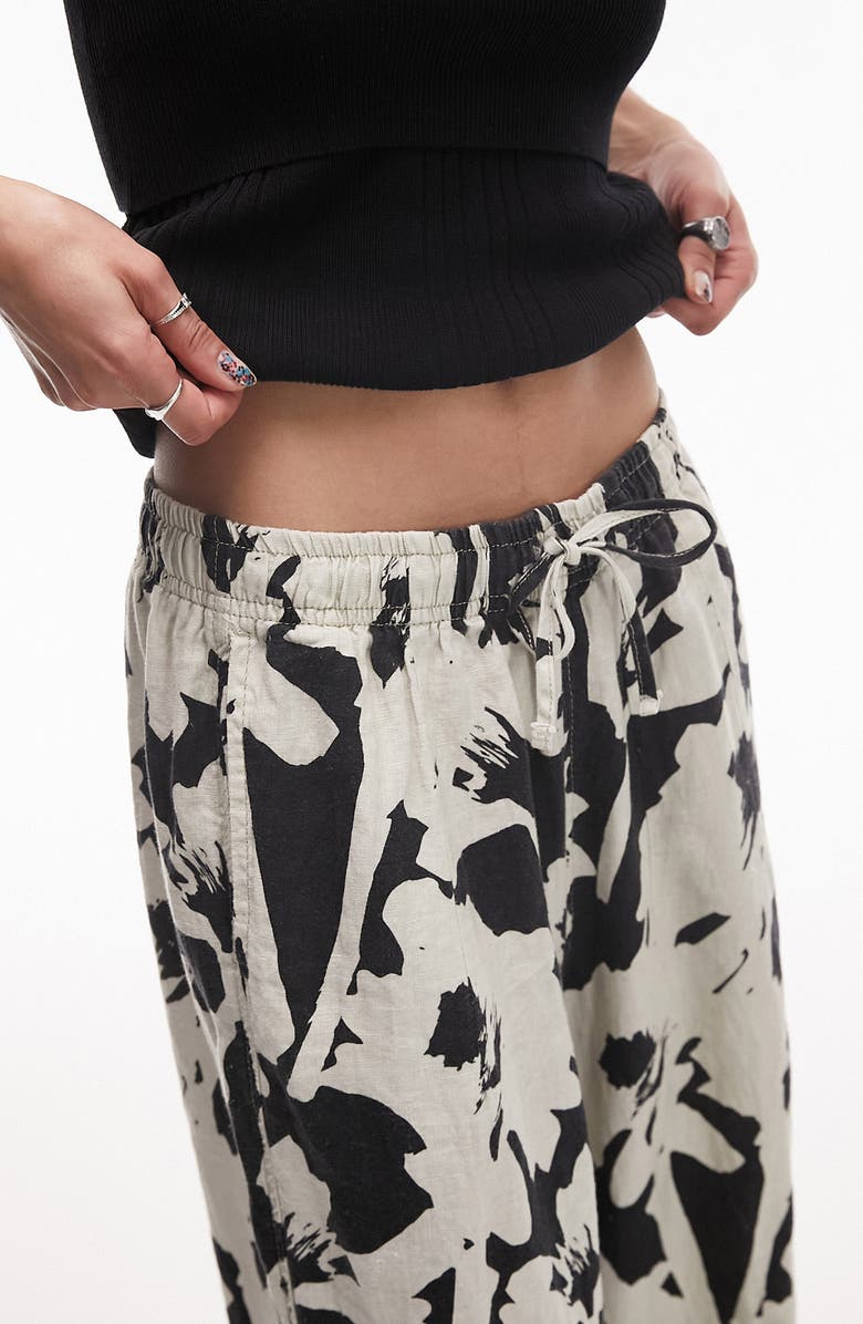 Topshop Floral Linen Drawstring Pants, Alternate, color, White Multi