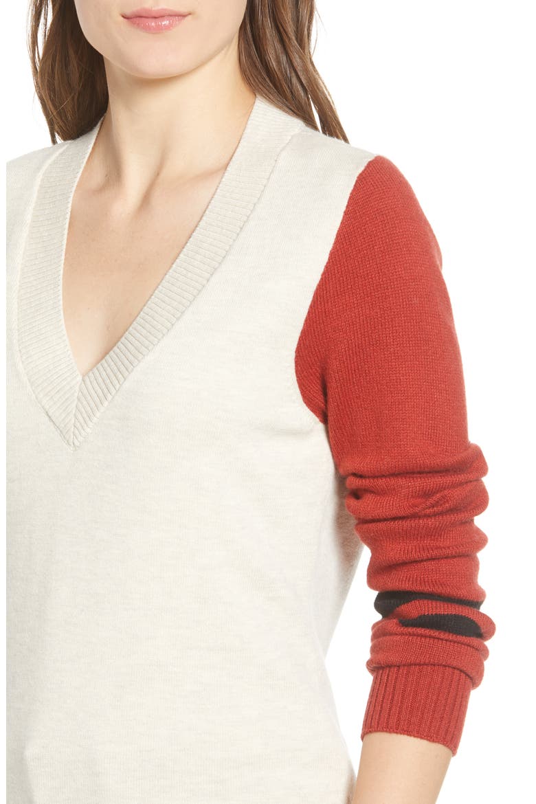 Stripe V-Neck Sweater, Alternate, color, BEIGE OATMEAL- RED COMBO