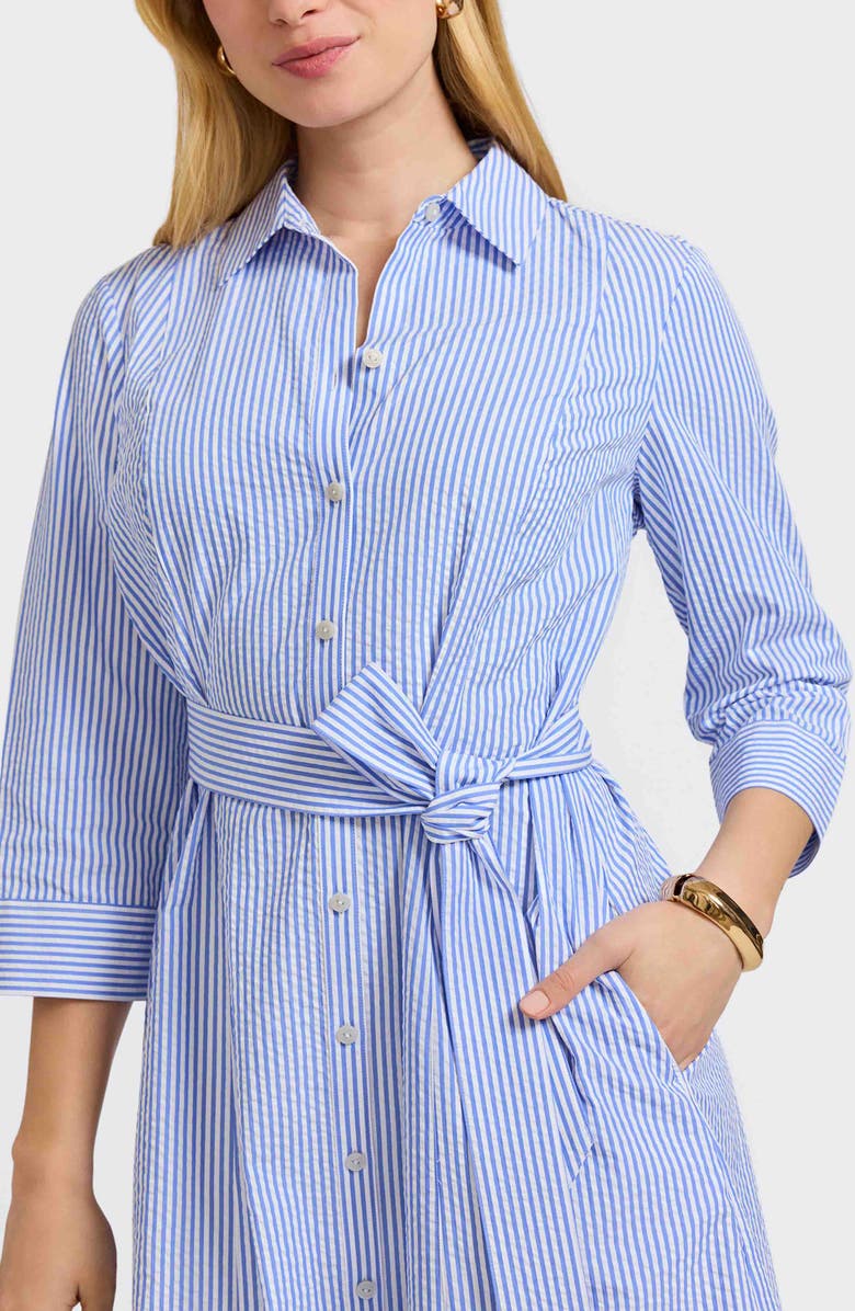 Foxcroft Fiona Stripe Belted Cotton Seersucker Shirtdress, Alternate, color, Blue/ White