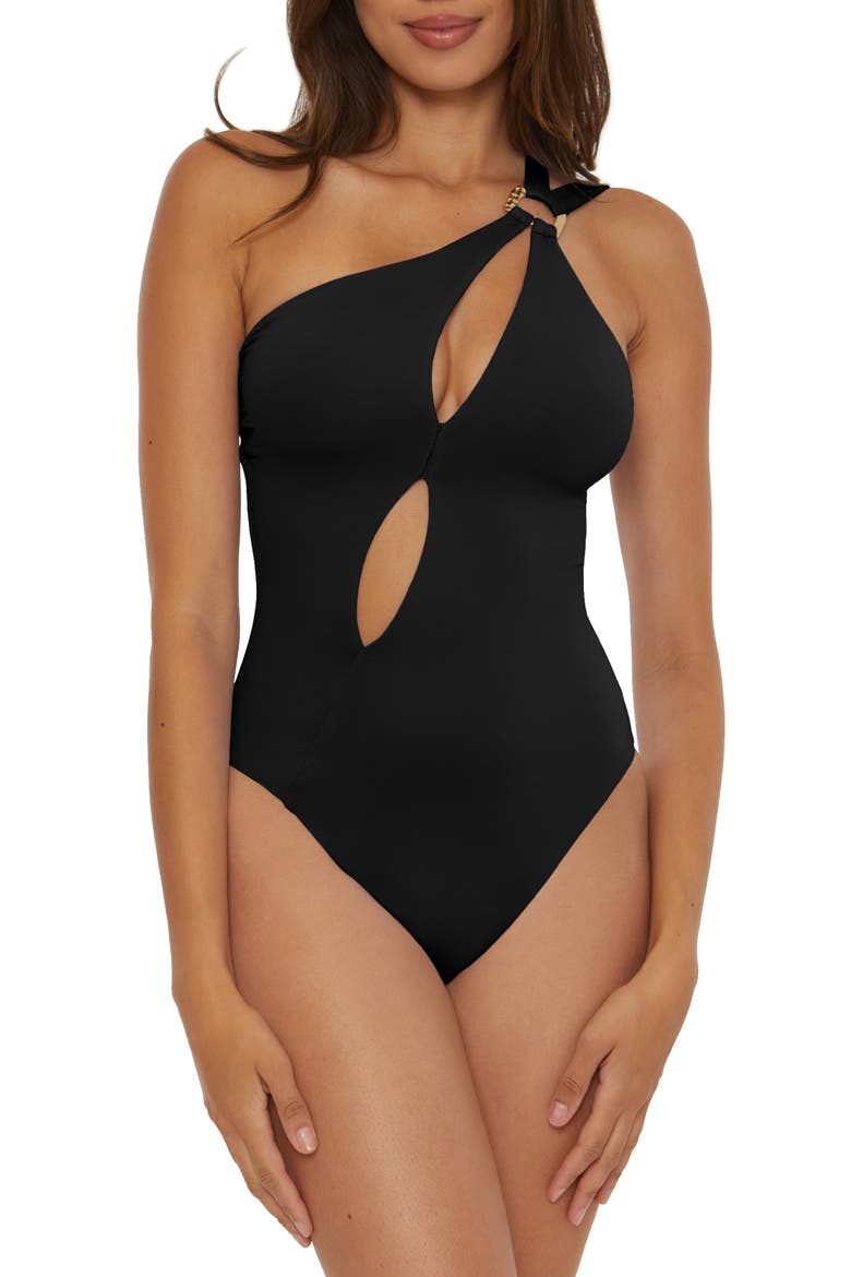 One-Shoulder Cutout One-Piece Swimsuit, Main, color, BLACK