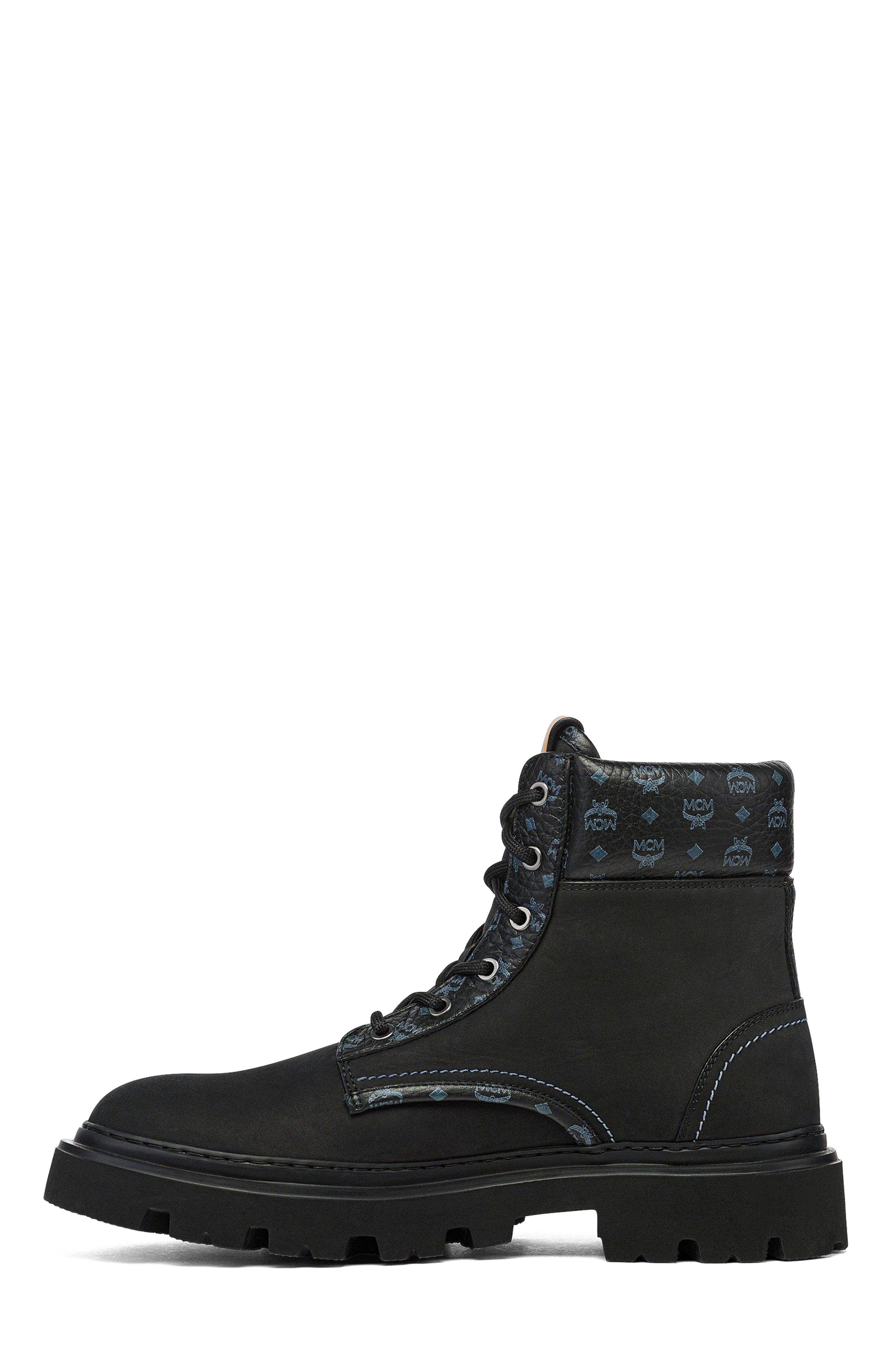 MCM Male Ankle Boots in Nubuck and Monogram Print Leather, Alternate, color, Black