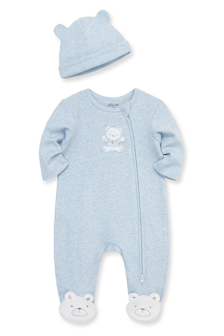 Blue Bear Embroidered Cotton Rib Footie & Hat Set (Nordstrom Exclusive), Alternate, color, BLUE