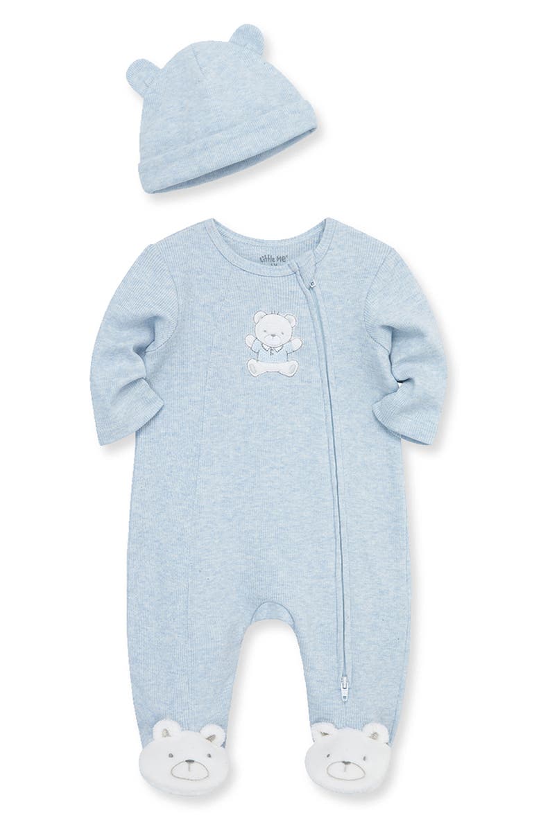 Little Me Blue Bear Embroidered Cotton Rib Footie & Hat Set, Alternate, color, Blue