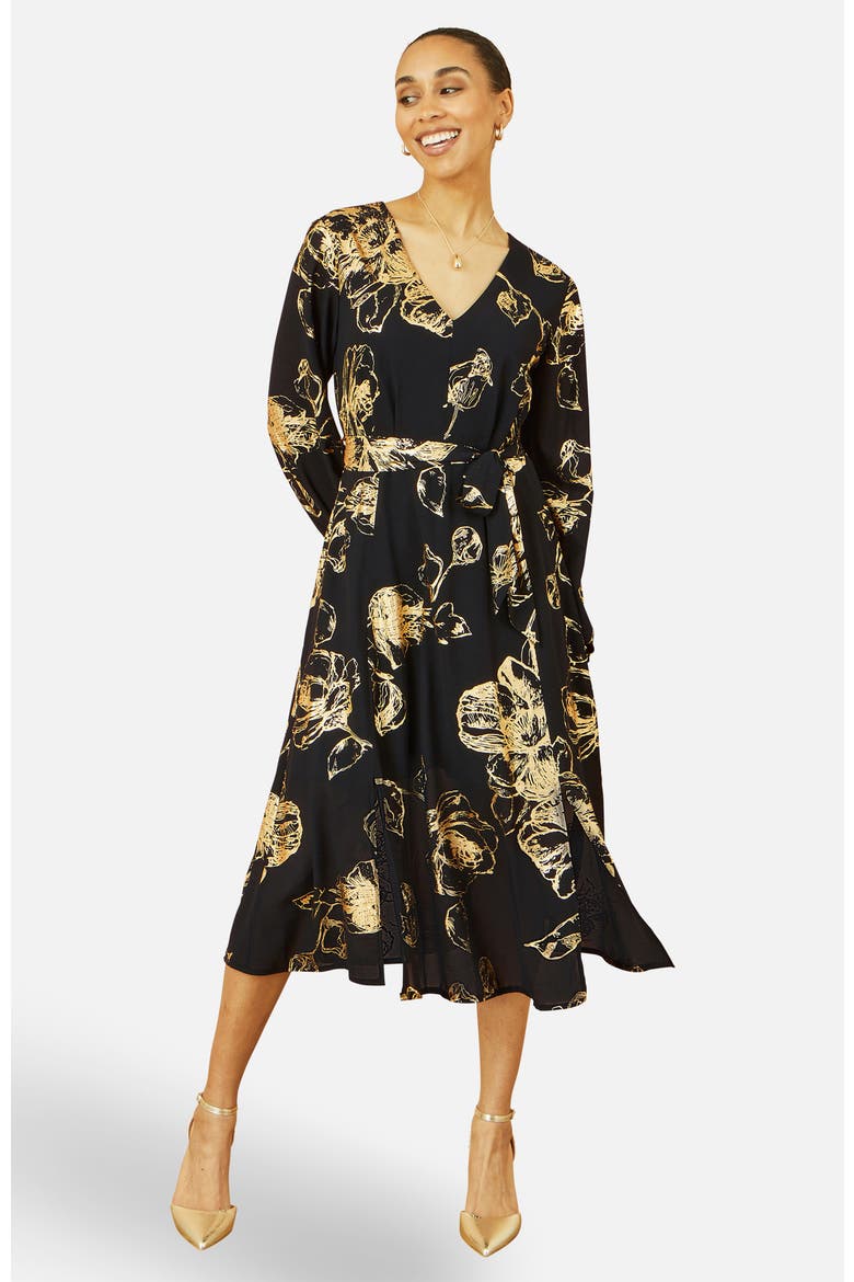 Foil Rose Print Midi Dress, Main, color, Black