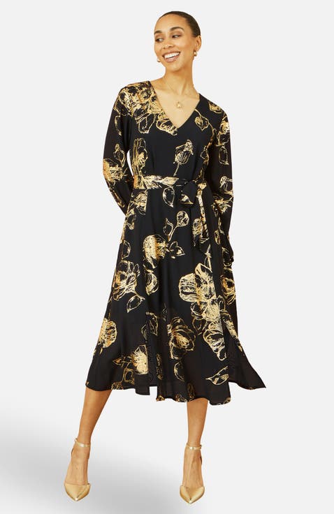 Foil Rose Print Midi Dress