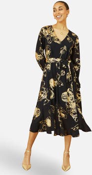 Yumi Foil Rose Print Midi Dress