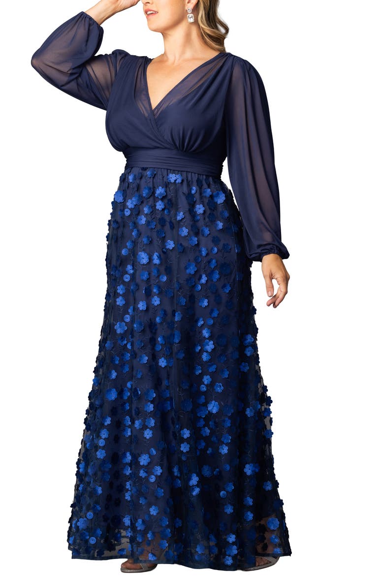 Blossoming Beauty Long Sleeve Mesh Evening Gown, Alternate, color, NAVY BLOSSOMS