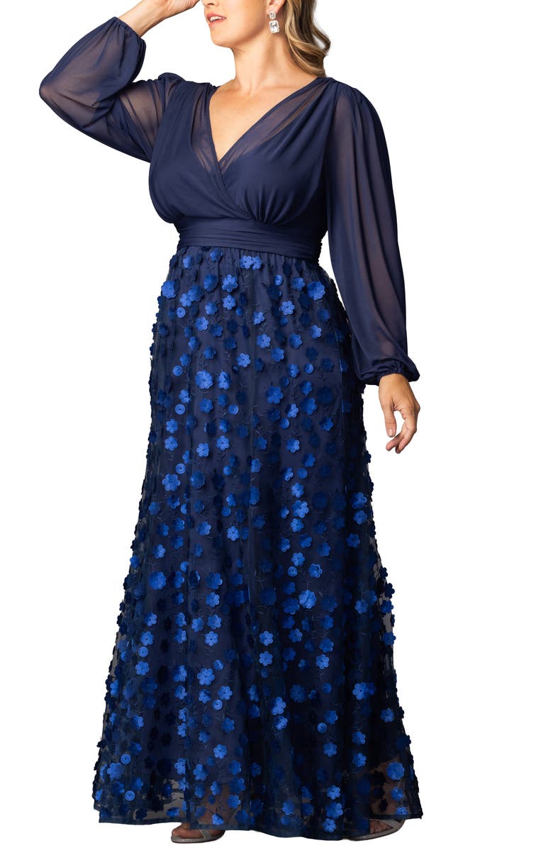 Kiyonna Blossoming Beauty Long Sleeve Mesh Evening Gown, Alternate, color, Navy Blossoms