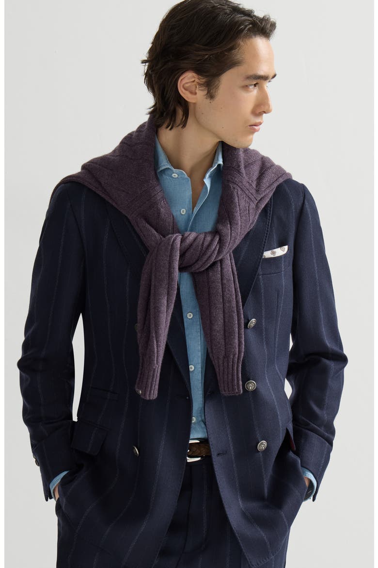 Cashmere and virgin wool multistripe twill one-and-a-half breasted deconstructed blazer with metal buttons, Alternate, color, Navy Blue