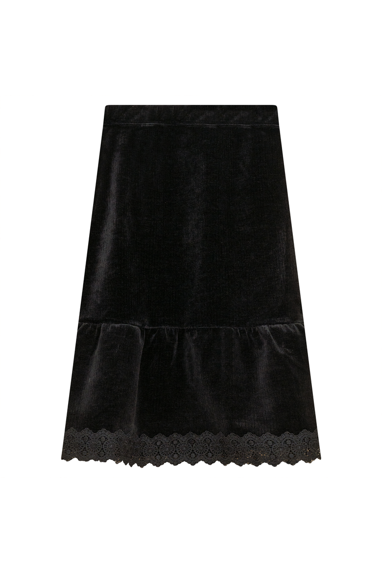 Lace Trim Velvet Skirt Midi Pull On, Main, color, Black