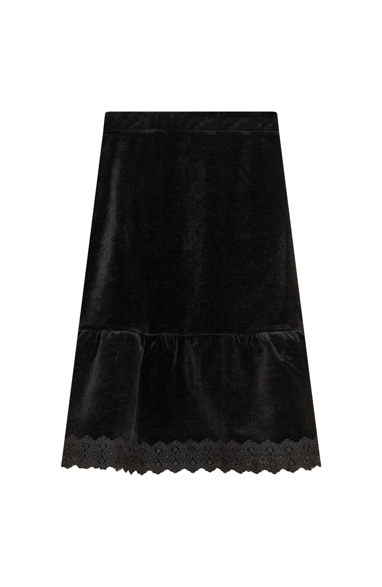 Space Grey Lace Trim Velvet Skirt Midi Pull On, Main, color, Black