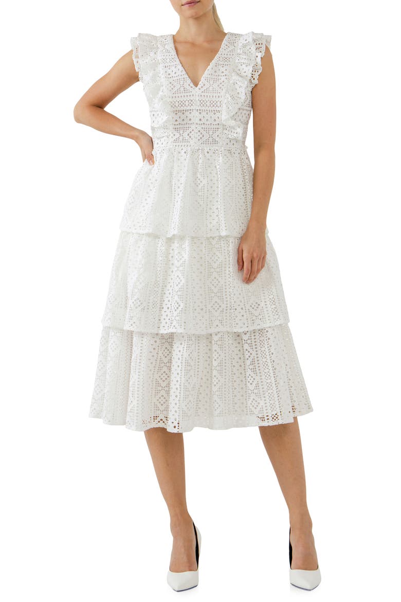 Lace Ruffle Tiered Midi Dress, Main, color, WHITE