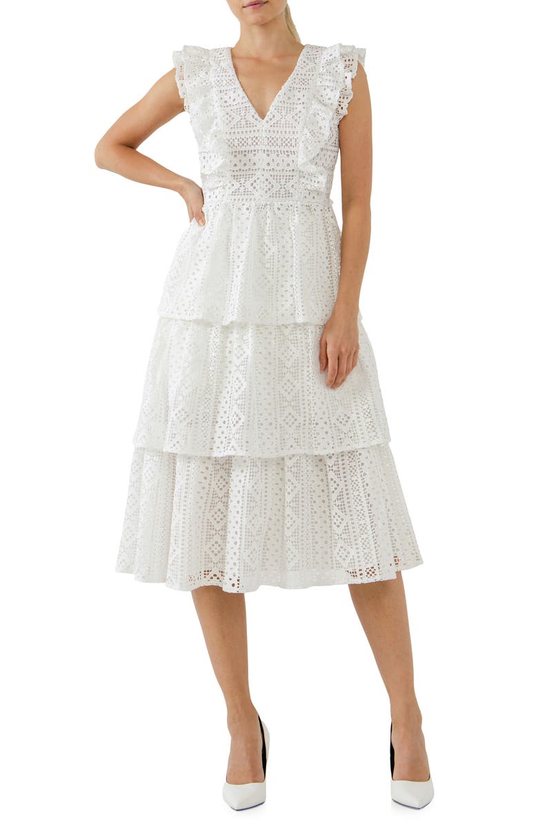 Endless Rose Lace Ruffle Tiered Midi Dress, Main, color, White