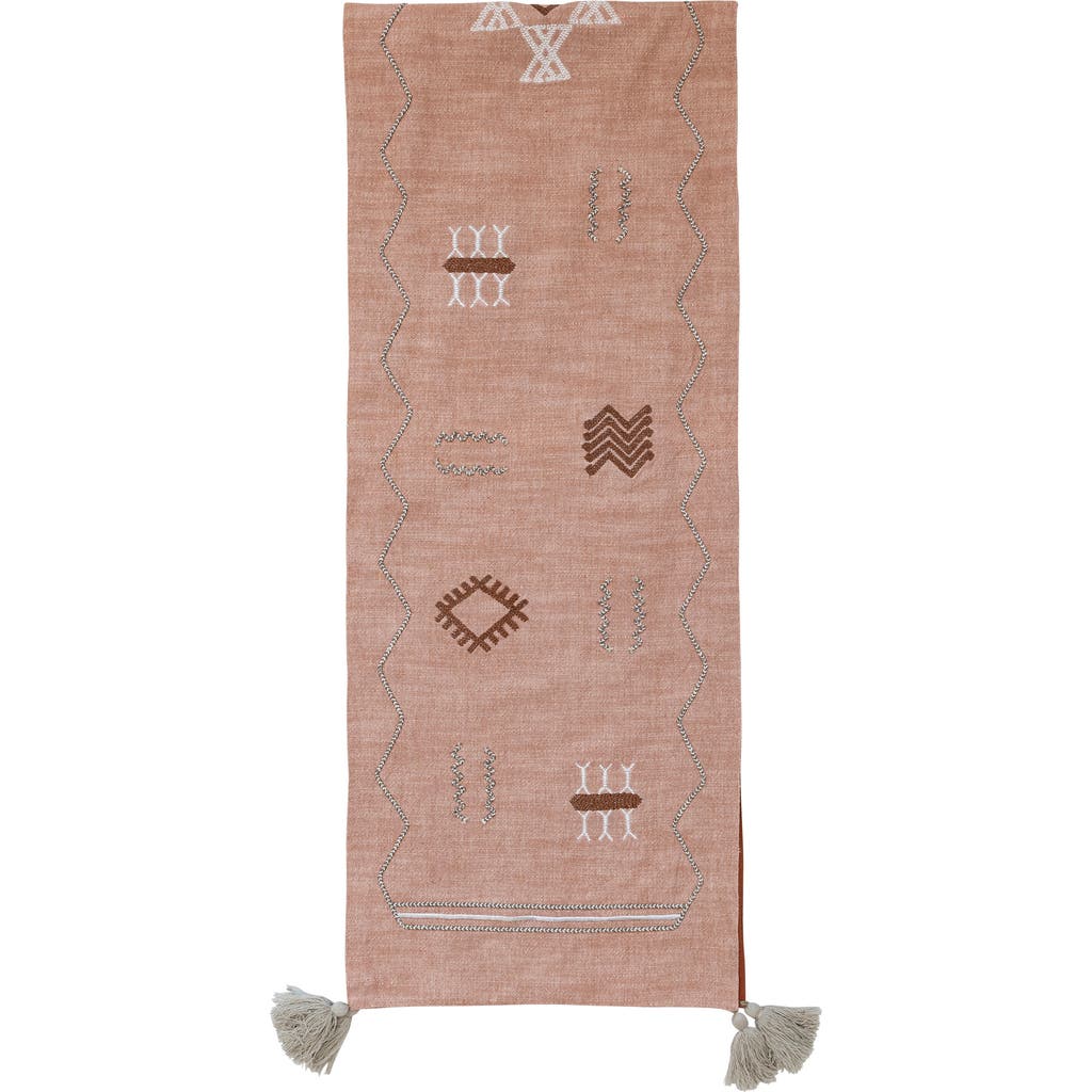 Storied Home Boho Cotton Embroidered Table Runner With Geometric Designs And Tassels In Brown