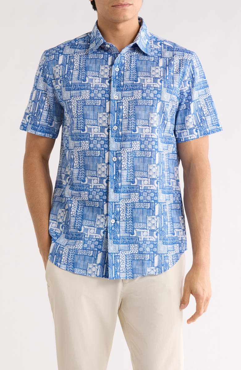 Bugatchi Print Short Sleeve Cotton Button-Up Shirt, Main, color, Classic Blue