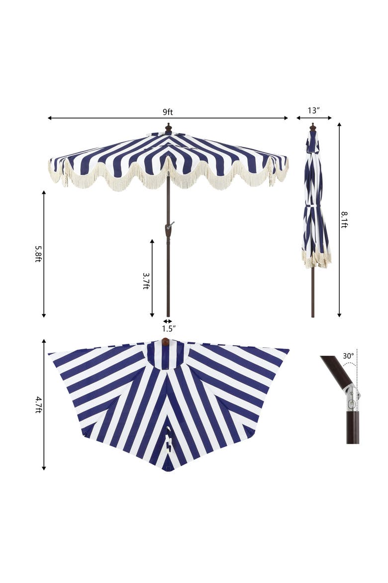 Beverly Coastal Half Patio Umbrella, Space-Saving Balcony Shade with Scalloped Fringe, Crank & Manual Tilt, Alternate, color, Navy/White