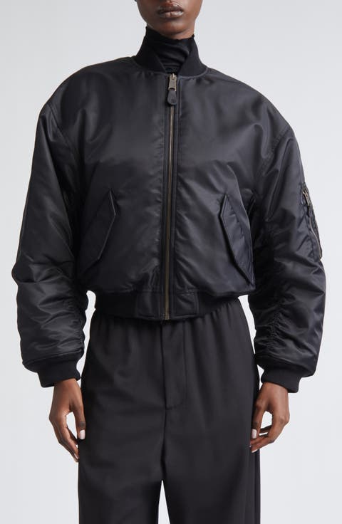 Ruched Sleeve Satin Bomber Jacket