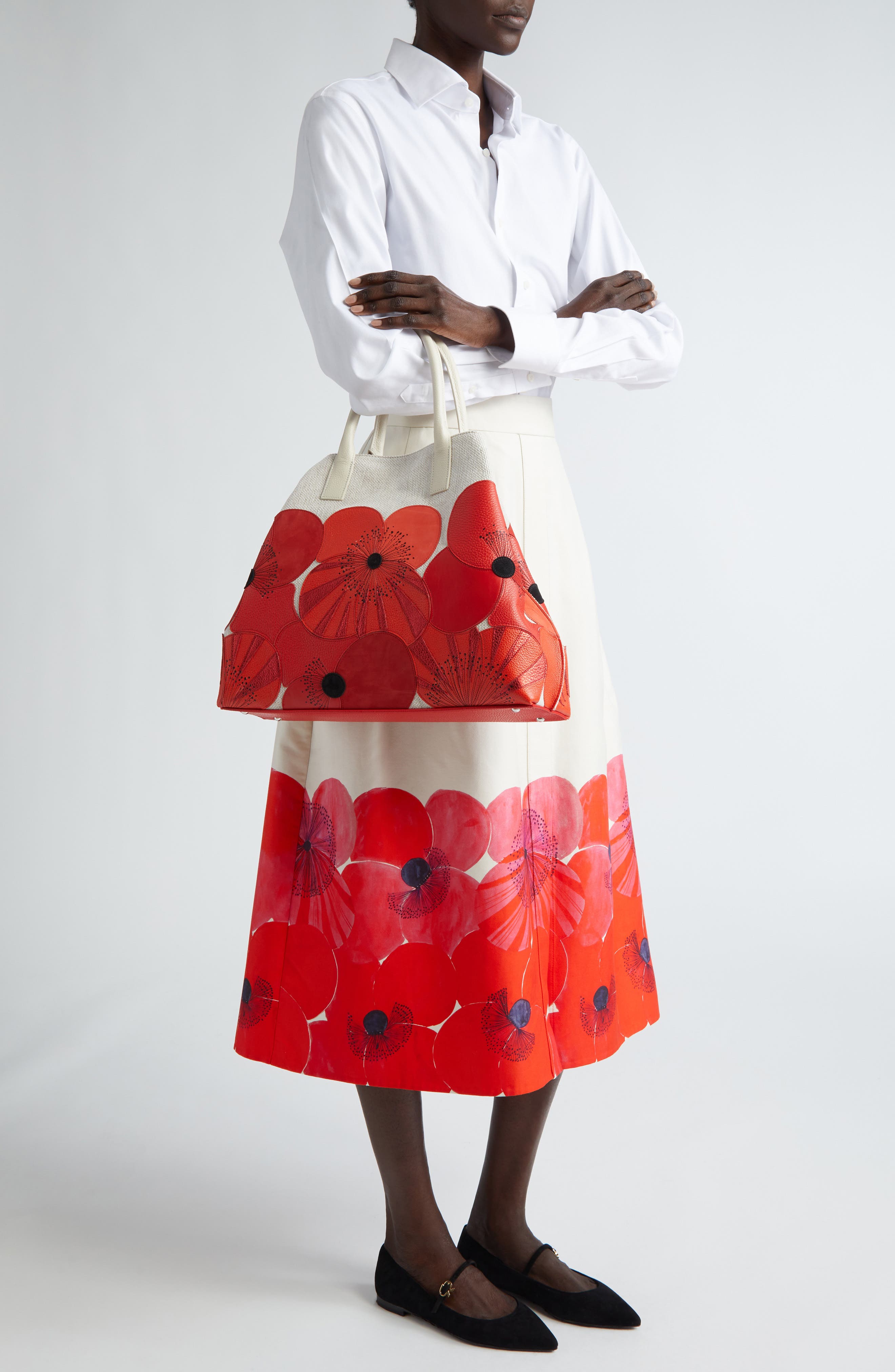 Akris Medium AI Poppies Leather & Canvas Convertible Tote, Alternate, color, 