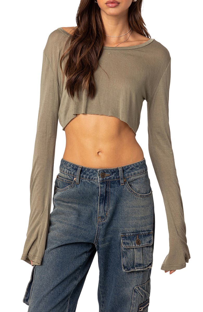 EDIKTED Sheer Raw Hem Crop Top, Main, color, Olive