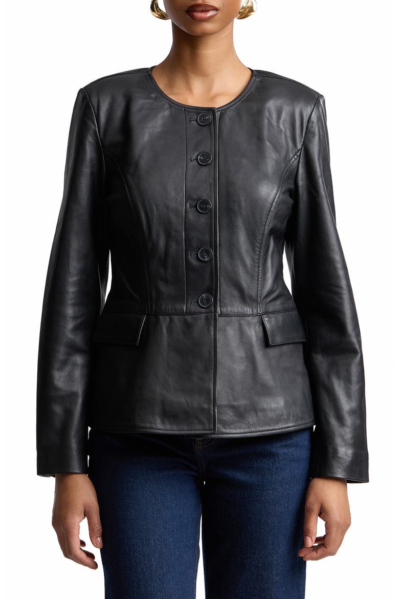 Peplum Leather Jacket, Main, color, BLACK