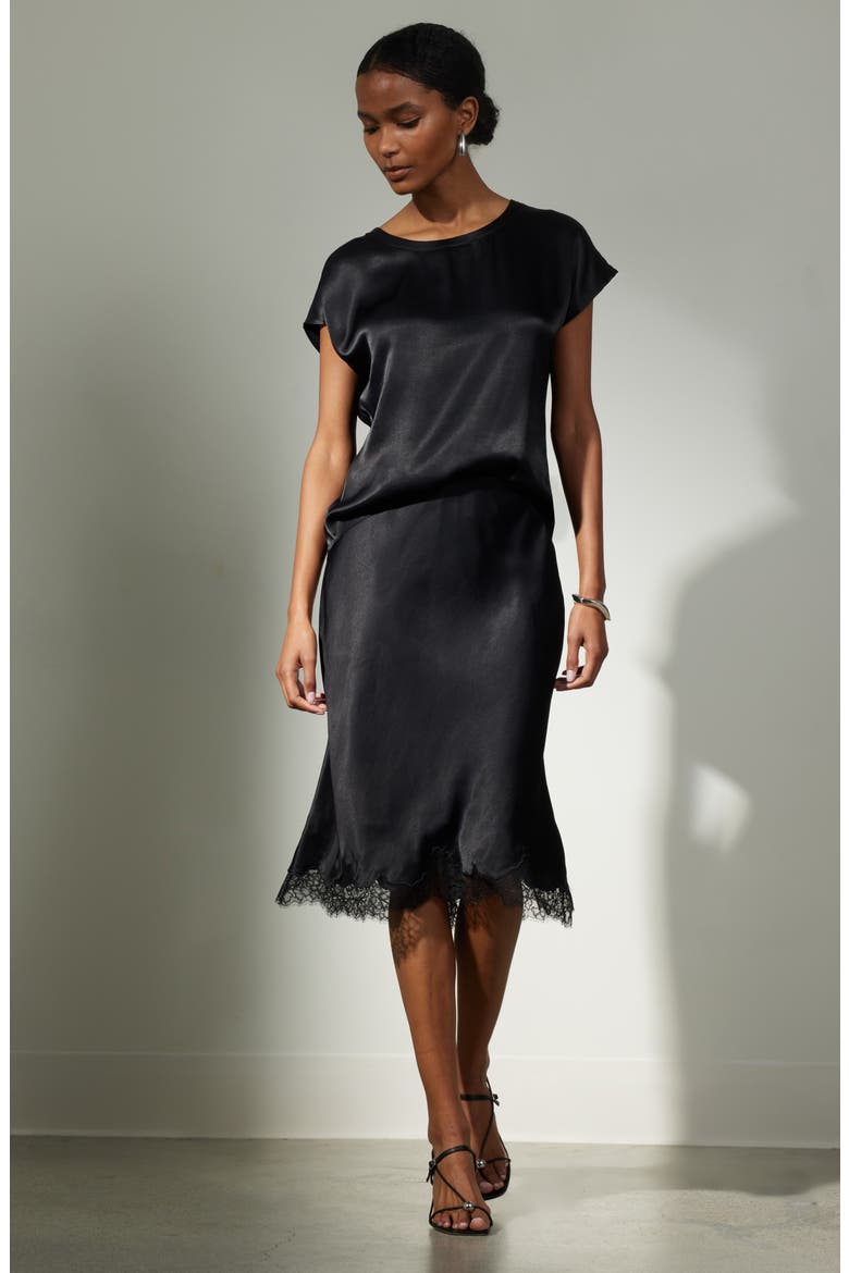 Lace Trim Bias Cut Midi Skirt, Alternate, color, BLACK