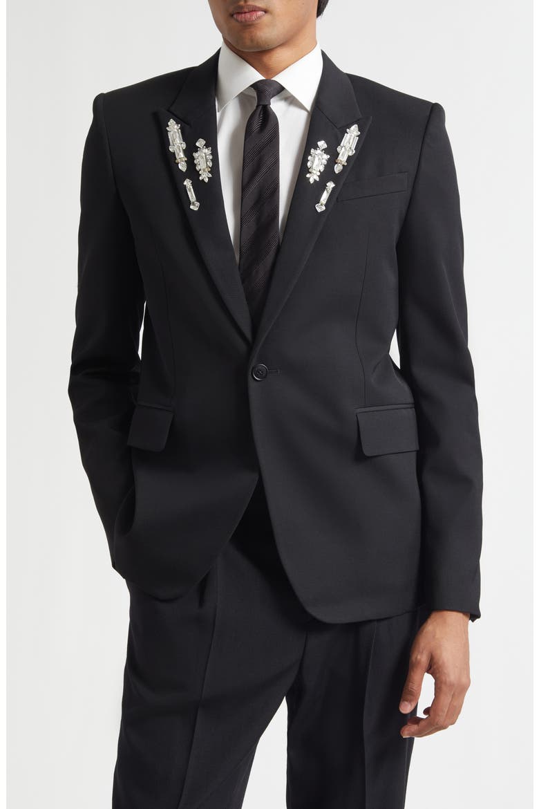 Rever Crystal Embellished Peak Lapel Blazer, Main, color, BLACK