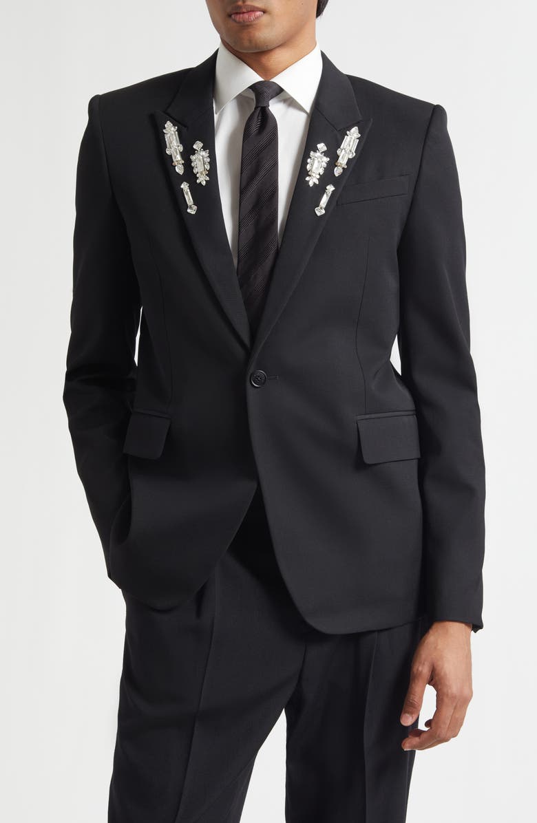 McQueen Rever Crystal Embellished Peak Lapel Blazer, Main, color, Black