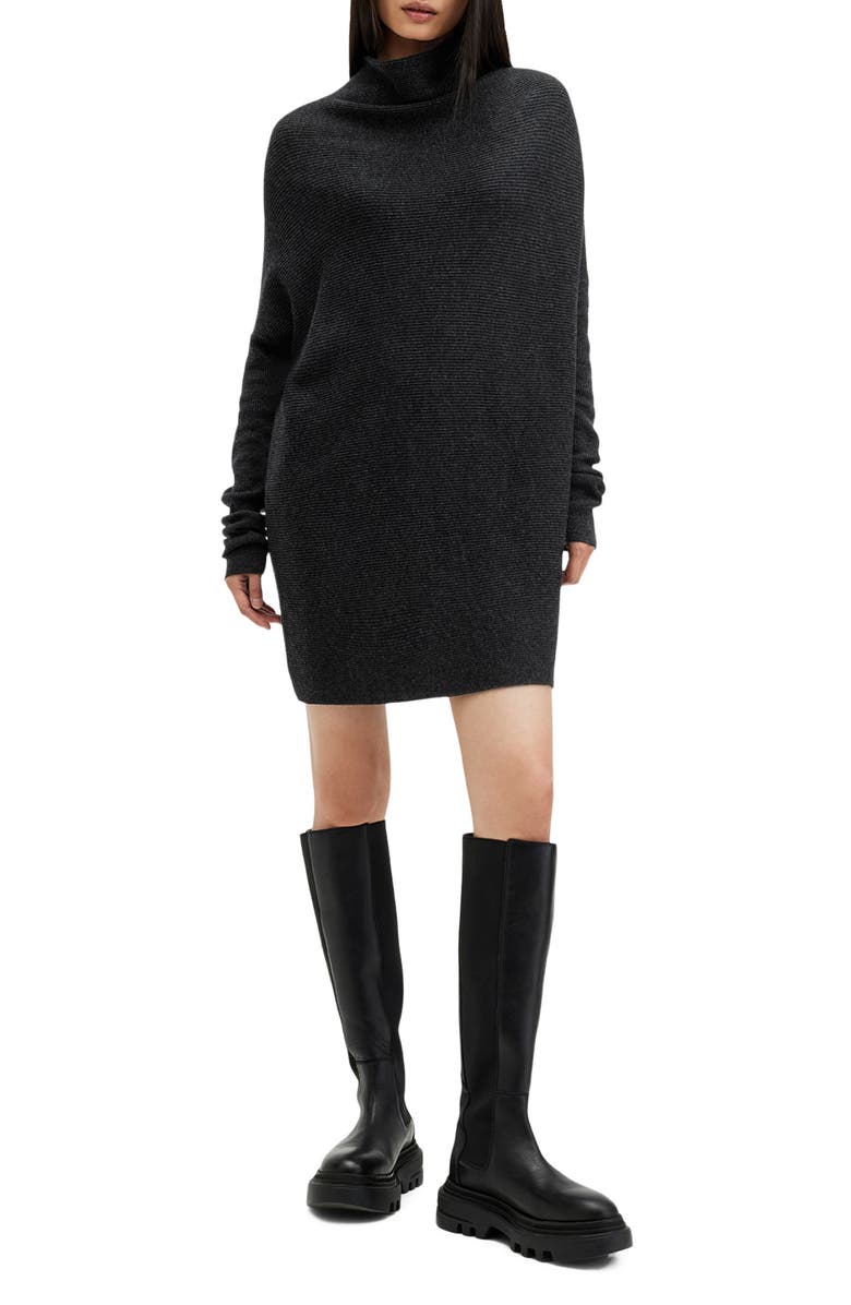 AllSaints Ridley Cowl Neck Long Sleeve Wool & Cashmere Sweater Dress, Main, color, Cinder Black Marl