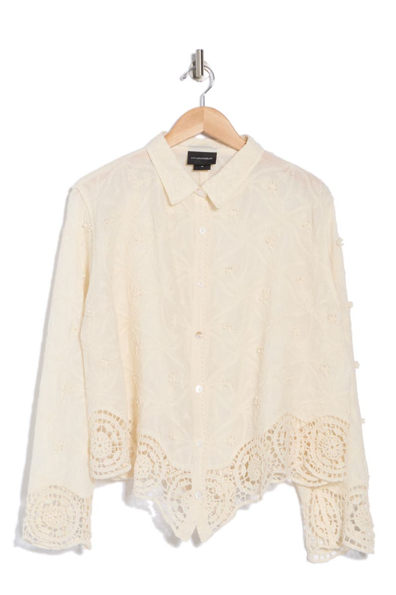 Floral Lace Trim Long Sleeve Button-Up Shirt, Alternate, color, NATURAL