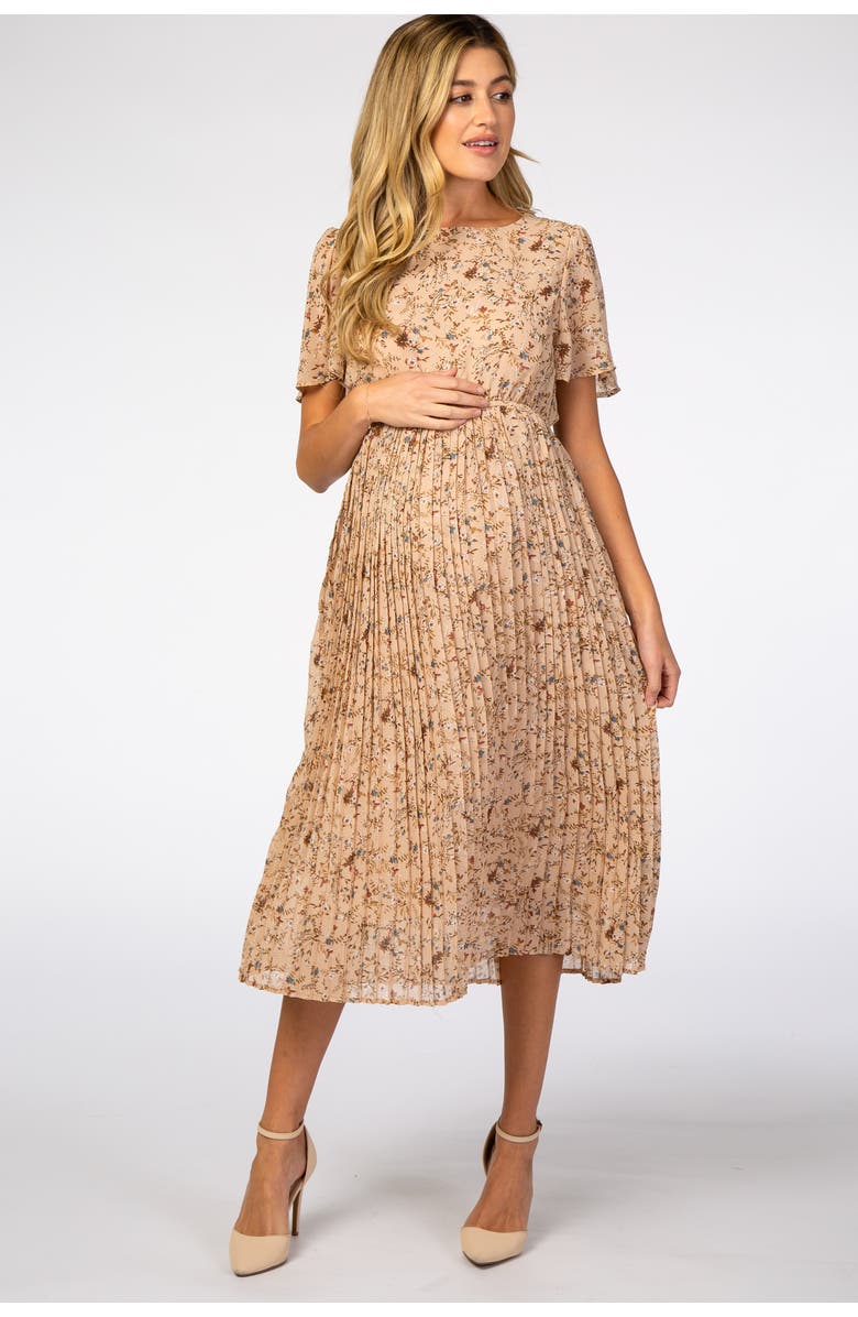 PinkBlush Floral Pleated Chiffon Midi Dress, Alternate, color, Beige