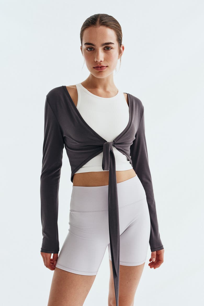 Cropped Tie-front Yoga Top With Softmove, Alternate, color, Slate gray