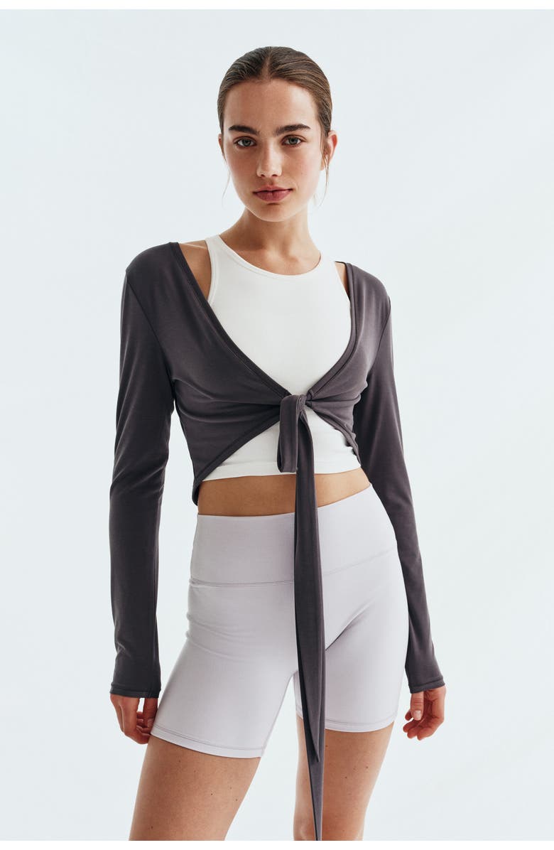H&M Cropped Tie-front Yoga Top With Softmove, Alternate, color, Slate Gray