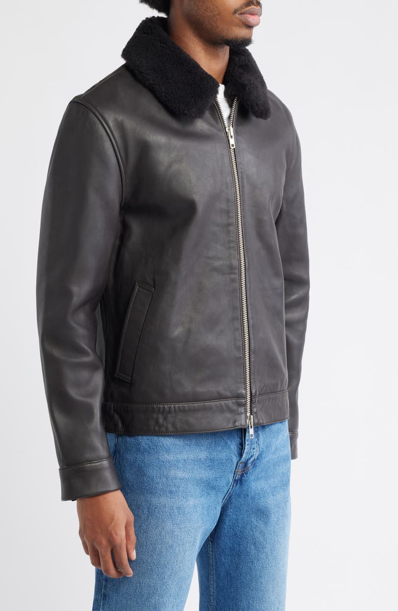 Wax London Kendal Leather Flight Jacket with Genuine Shearling Collar, Alternate, color, Dark Brown