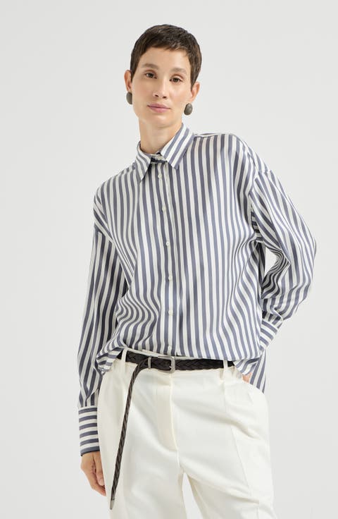 Wide stripe silk poplin shirt