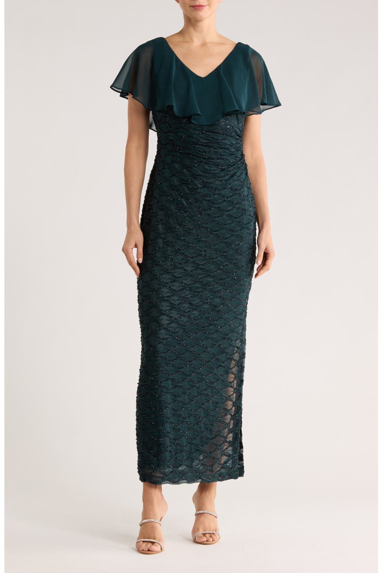 Beaded Ruffle Neck Gown, Main, color, DARK MALLARD