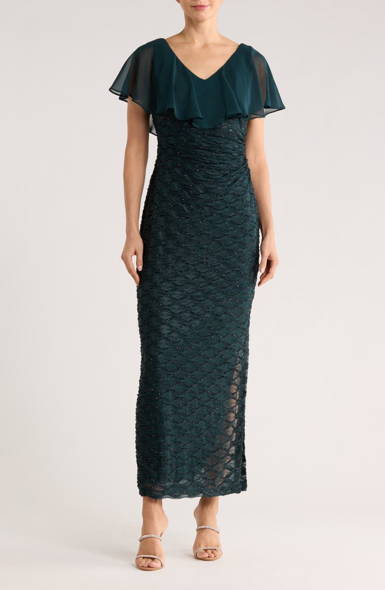 Connected Apparel Beaded Ruffle Neck Gown, Main, color, Dark Mallard