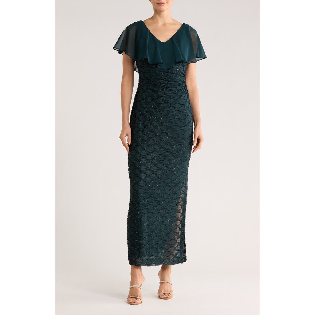 Connected Apparel Beaded Ruffle Neck Gown In Green