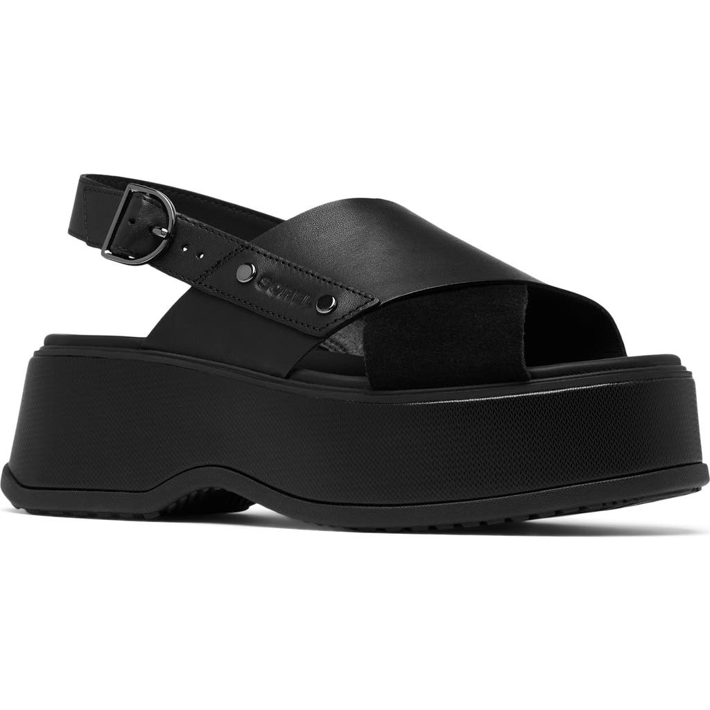 Sorel Dayspring Mixed Leather Crossover Comfort Sandals In Black/black