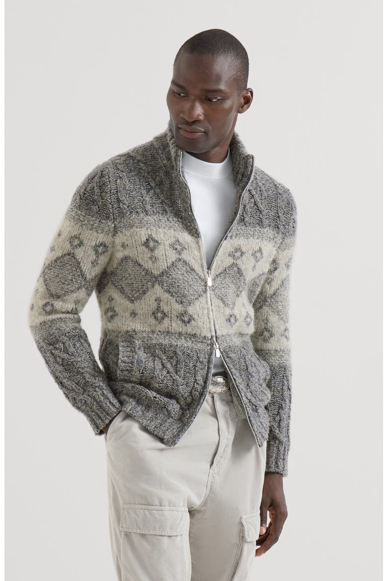 Virgin wool, silk and cashmere chiné cable knit cardigan with intarsia, Main, color, Cerulean