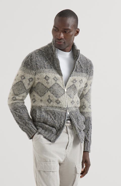 Virgin wool, silk and cashmere chiné cable knit cardigan with intarsia