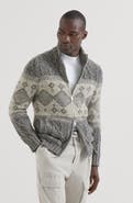 Brunello Cucinelli Virgin wool, silk and cashmere chiné cable knit cardigan with intarsia