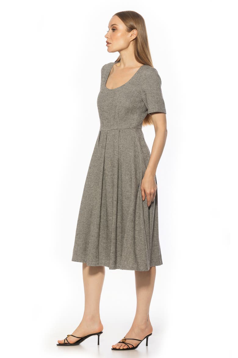 Imani Short Sleeve Pleated Dress, Alternate, color, GREY HERRINGBONE